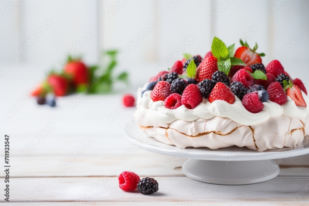 Pavlova cake with fresh berries on white wooden background Pavlova cake with fresh berries on white wooden background