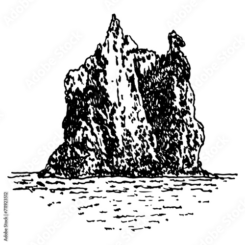 Aeolian Island, Italy. Volcanic rock in the Tyrrhenian Sea near Sicily. Hand drawn linear doodle rough sketch. Black and white silhouette.