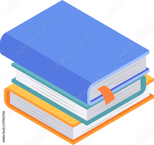 Stack of three books in isometric view, blue on top, white and orange below. Education and reading concept. Pile of hardcover books vector illustration.