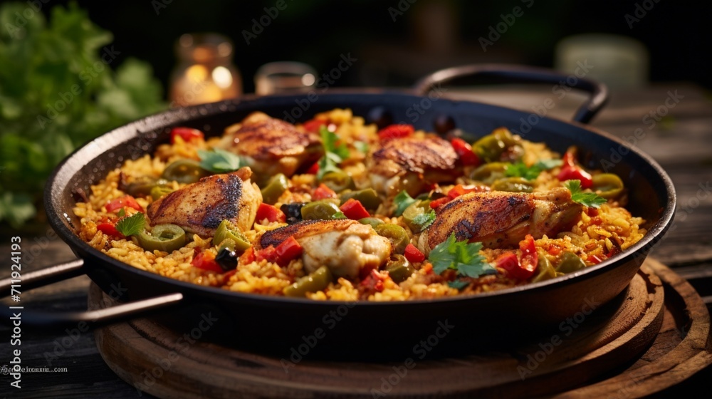 A close-up shot of a sizzling Chicken Paella in a rustic pan, showcasing the golden-brown sear on the chicken and perfectly cooked rice