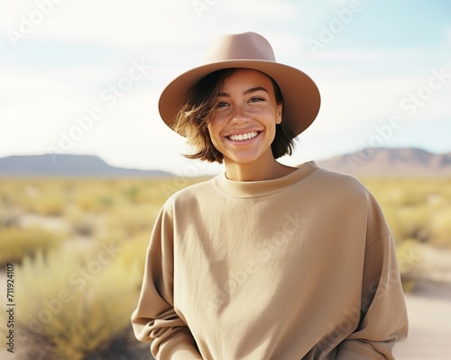 Smiling woman wearing a hat in the desert photo