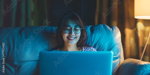 a woman looking at her computer in the evening photo