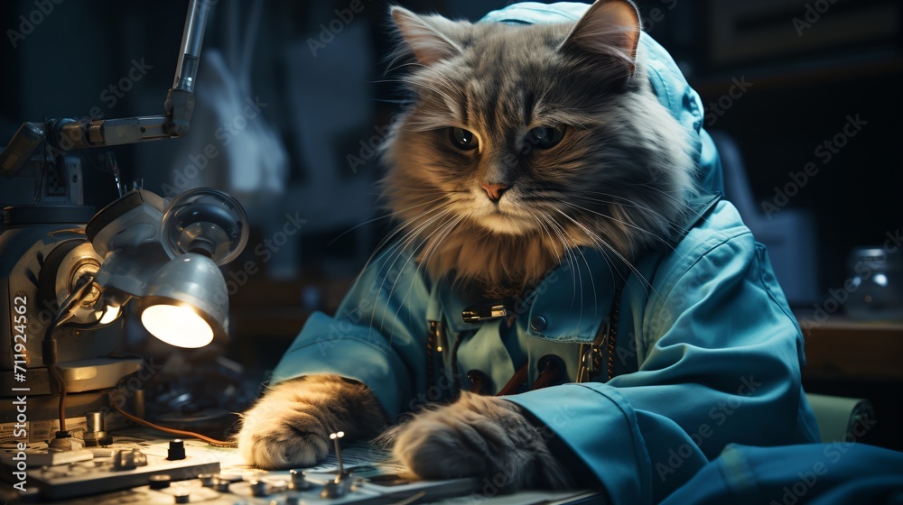 A Cat Wearing a Scientist's Coat and Working in a Laboratory