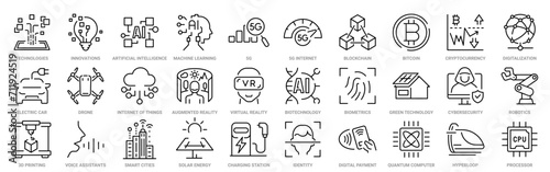 Technology innovations web line icon set. Containing 5g, ai, robotics, iot, biometric, cloud computing and automation.