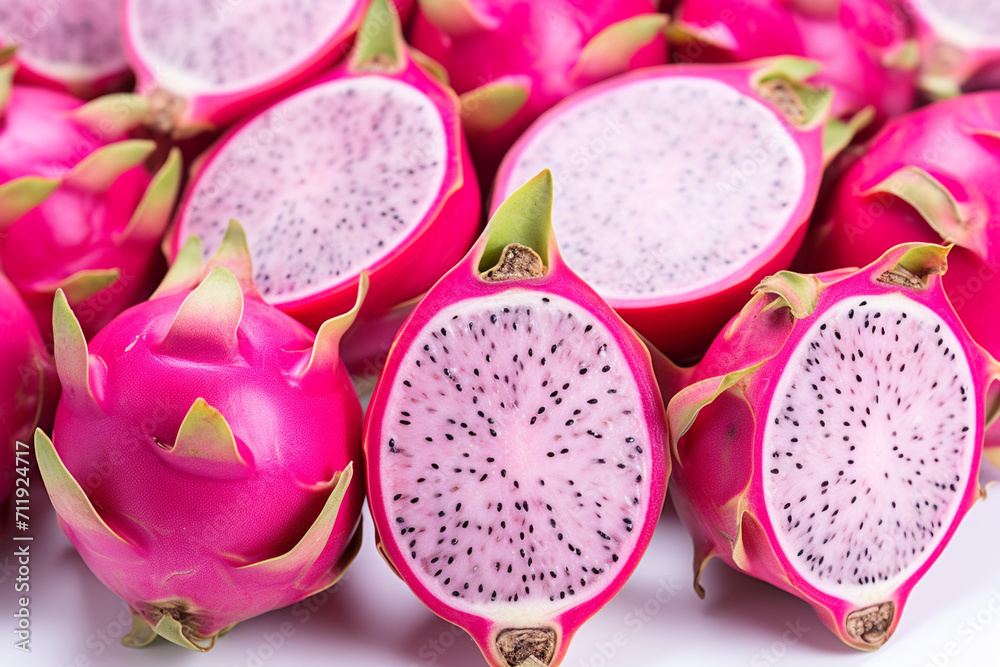 Dragon fruit fresh whole and cut. Generative AI.