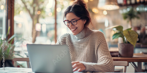 a smiling young woman working on her laptop photo