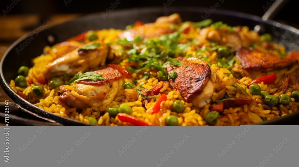 A close-up shot of a sizzling Chicken Paella in a rustic pan, showcasing the golden-brown sear on the chicken and perfectly cooked rice