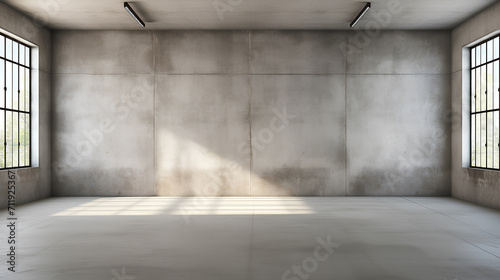 Large spacious empty room with gray concrete walls.
