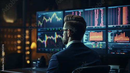 Businessman analyzing stock market data on computer monitor. Investment and trading concept. photo