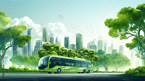 Green city with green trees and bus on road.  photo
