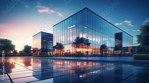 Modern office building with glass facade. Business and industrial concept. 3D Rendering