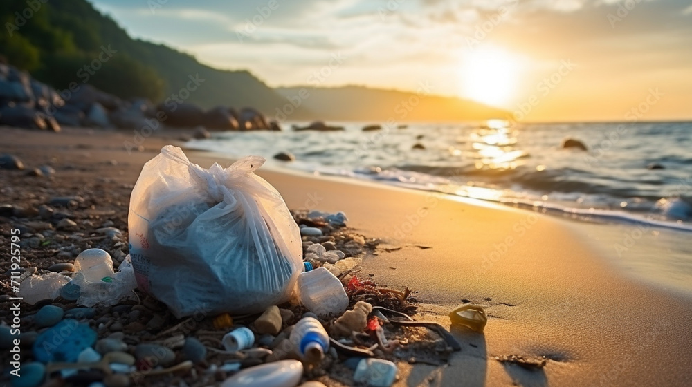 Plastic trash on the beach at sunset. Pollution environment concept