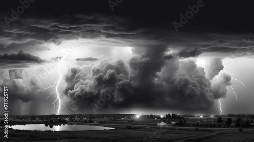 Black and white image of a thunderstorm over a small lake. photo