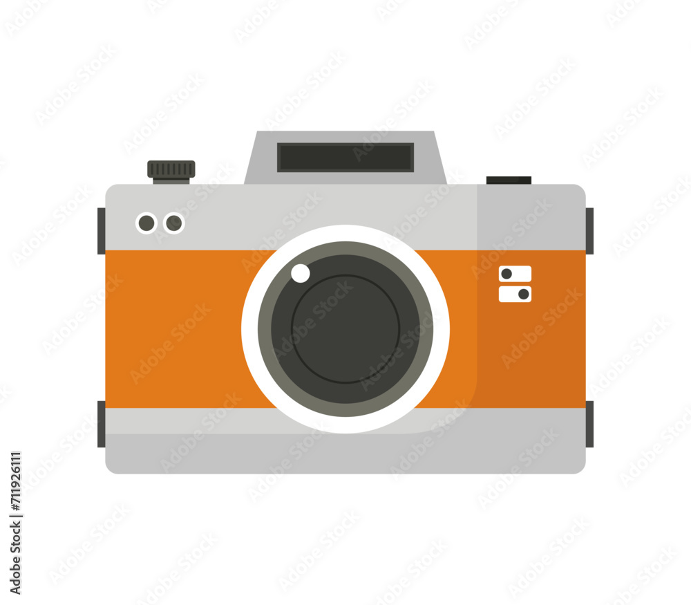 Digital illustration of an orange and gray camera with lens on a white background Digital illustration of an orange and gray camera with lens on a white background