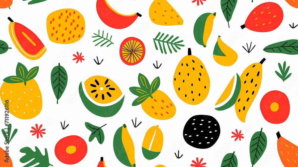 Tropical fruits background in minimalist cartoon style Tropical fruits background in minimalist cartoon style
