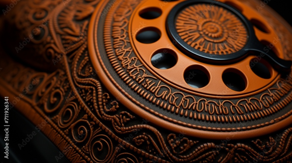 A detailed close-up of the orange phone receiver highlighting its texture and intricate design.