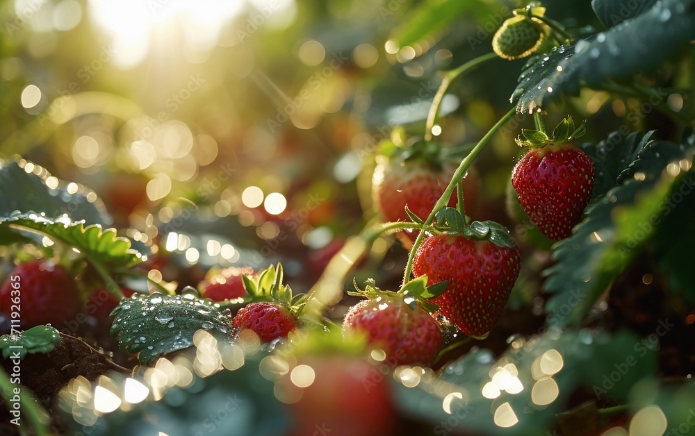 Close up photography of strawberry fields in the morning Close up photography of strawberry fields in the morning