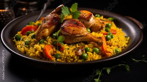 A creative close-up of a Chicken Paella served on a stylish plate, emphasizing the vibrant presentation and inviting aroma