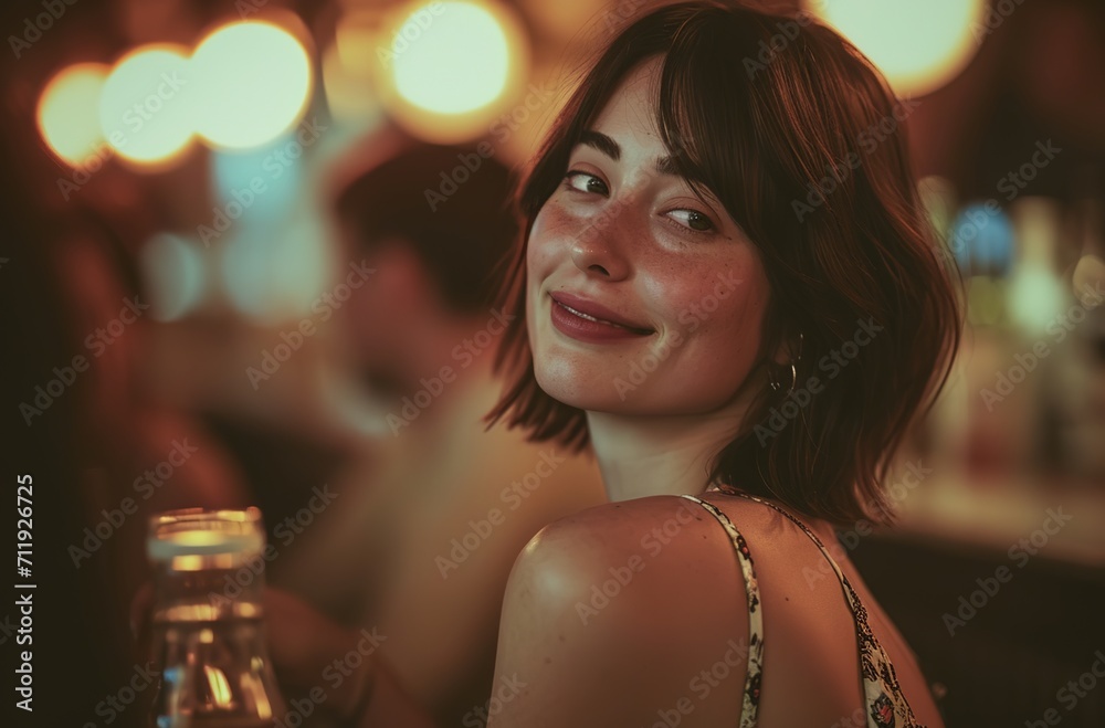 Pretty brunette woman wearing a floral pattern dress, on a special occasion, she is having fun having something with her friends at a restaurant table
