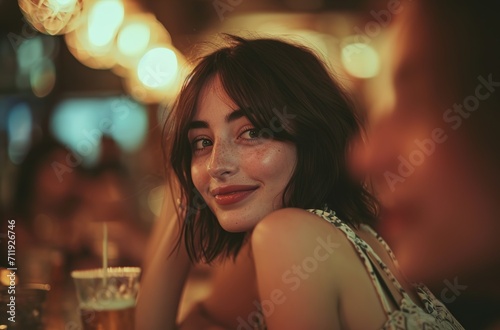 Pretty brunette woman wearing a floral pattern dress, on a special occasion, she is having fun having something with her friends at a restaurant table