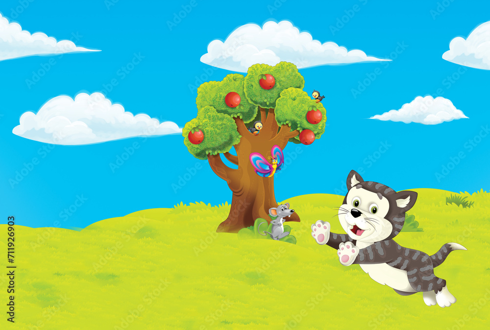 Naklejka premium cartoon scene with farm ranch garden and animals on beautiful day illustration for children