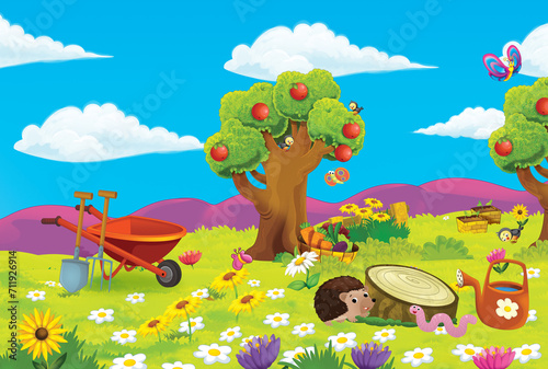 cartoon scene with farm ranch garden and animals on beautiful day illustratio...