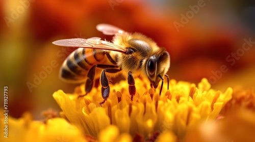 Bee on a flower collects nectar and pollen. Macro photography
