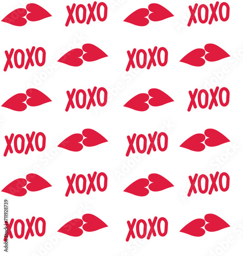 Cute seamless pattern for Valentine's Day or wedding design. Handwritten XOXO phrase and kiss isolated on a transparent background. Vector illustration