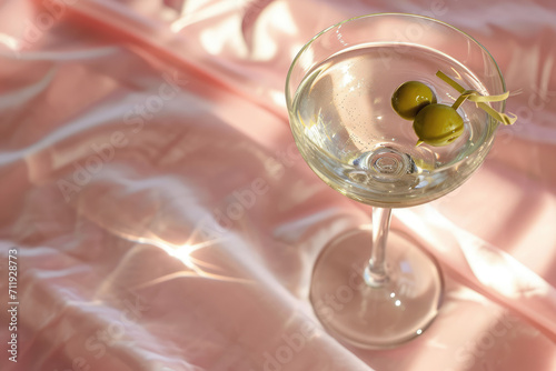 Crystal glass of martini with green olives on a pink silk fabric. Romantic alcohol cocktail with dry gin. Valentine's day greeting card. Creative minimal concept for holiday, celebration, party