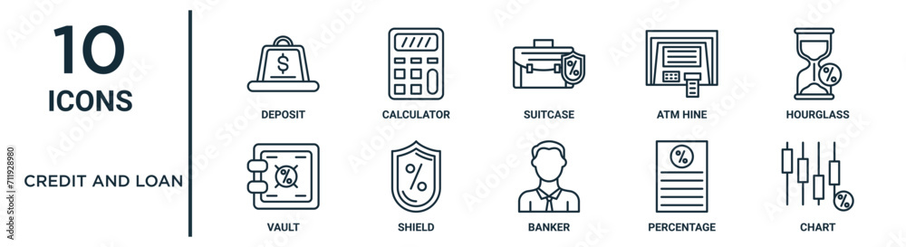 credit and loan linear icon set. includes thin line calculator ...