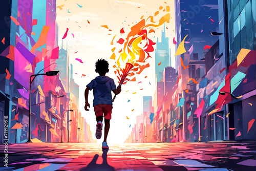 Colorful illustration of a boy running with an Olympic torch in the city