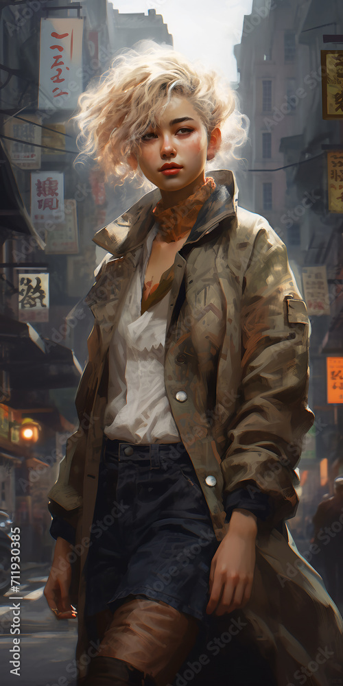 oil portrait of a beautiful Chinese girl standing in the china streets  generative ai