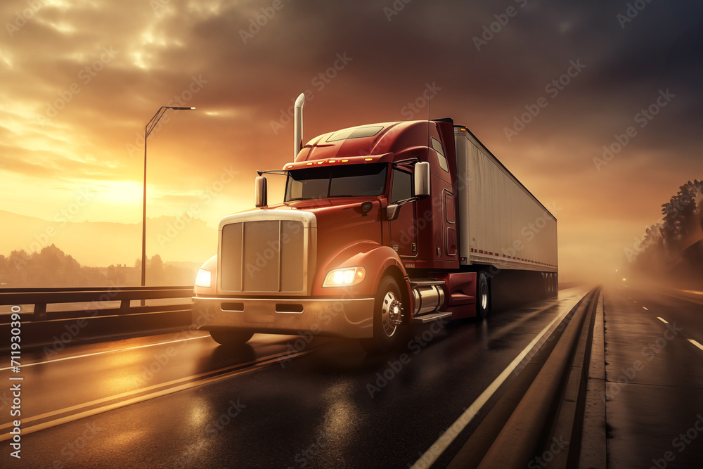 Semi truck with trailer container on highway asphalt road cargo transportation at sunset AI Generation