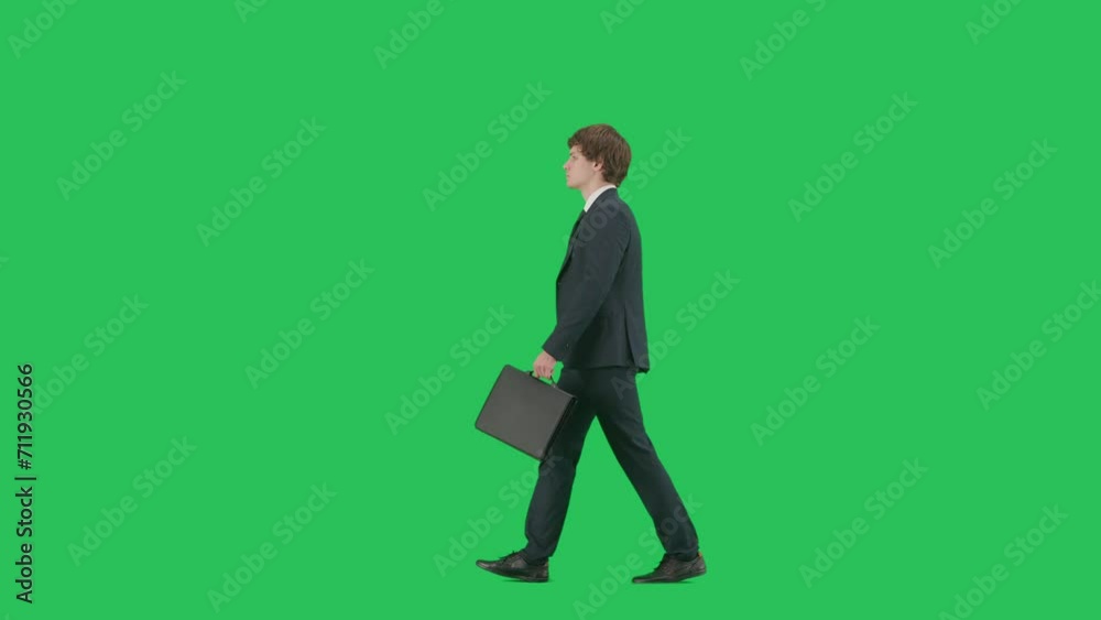 Profile view of male model in suit isolated on chroma key green screen background. Positive young businessman in blue suit walking holding briefcase. Profile view of male model in suit isolated on chroma key green screen background. Positive young businessman in blue suit walking holding briefcase.