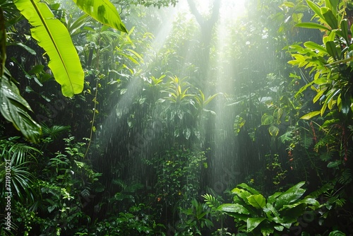 rain in tropical rainforest with backlit green plants and water and sunrays