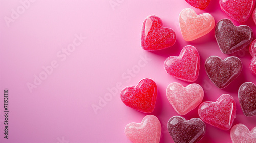 heart-shaped candies on pink background, empty space for text, valentine's day card