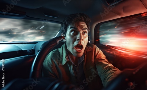 In a peculiar scene, a quirky man speeds in a hypersonic car, embodying a fusion of eccentricity and cutting edge automotive technology. Generated image