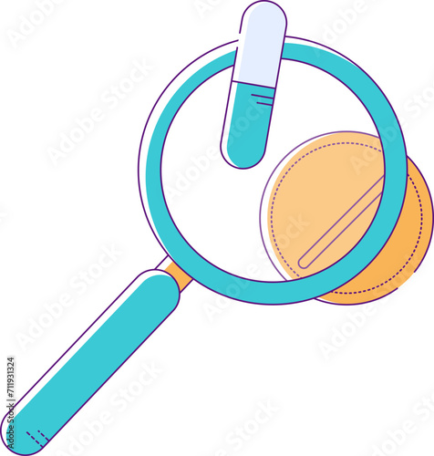 Magnifying glass examining a pill and a coin, Medical costs and pharmaceutical industry. Healthcare expenses and economy concept vector illustration.
