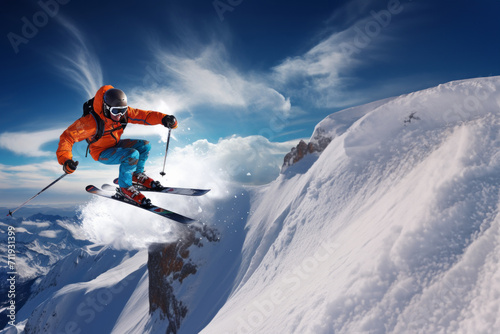 Skier jumping in the snow mountains on the slope with his ski and professional equipment on a sunny day. Generative AI © Minet