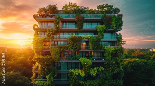 Sustainable green building or Eco-friendly building with vertical garden to improve environment and to save our planet. photo