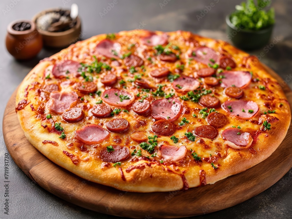 sausage and ham pizza served on a wooden cutting board . generative ai sausage and ham pizza served on a wooden cutting board . generative ai