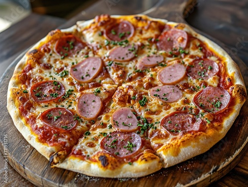 sausage and ham pizza served on a wooden cutting board . generative ai