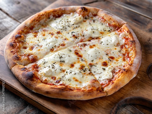 quattro formaggi pizza served on a wooden cutting board . generative ai