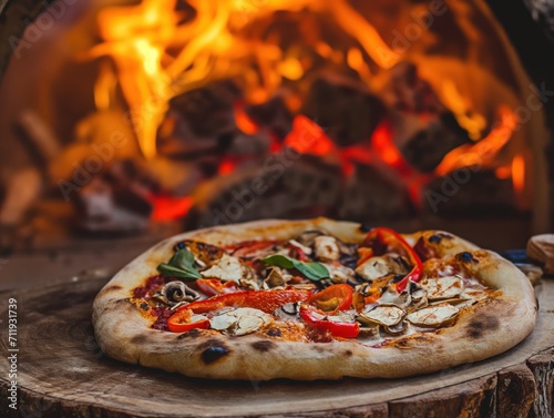 pizza vegetariana with vegetables served infront of burning logs . generative ai photo