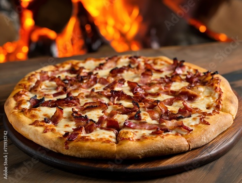 bacon strips pizza served infront of burning logs . generative ai