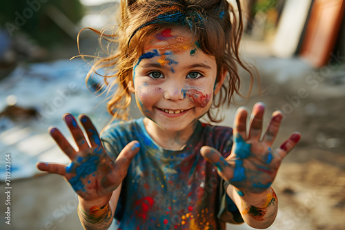 Little happy girl with painted t-shirt and hand prints close up.