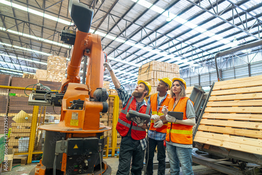 team Engineers standing by robotic arm and operating machine in factory. worker man control on tablet. Workers work at heavy machine robot arm. High-tech robot with a remote system in Wood factory. team Engineers standing by robotic arm and operating machine in factory. worker man control on tablet. Workers work at heavy machine robot arm. High-tech robot with a remote system in Wood factory.