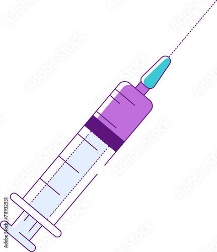 Stylized medical syringe illustration with needle and purple fluid. Healthcare, vaccination, and medical graphic design vector illustration.