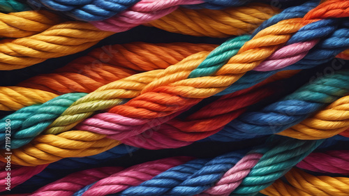 Colorful various ropes are woven into a knot. Teamwork concept.