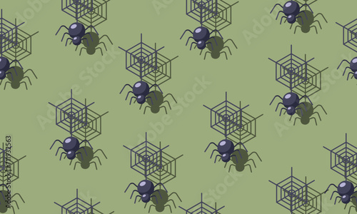 Spiders on webs seamless pattern on green background.